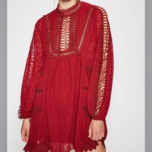 Free People Venice Crochet Ladder Lace Inset high neck Mini Tunic Dress